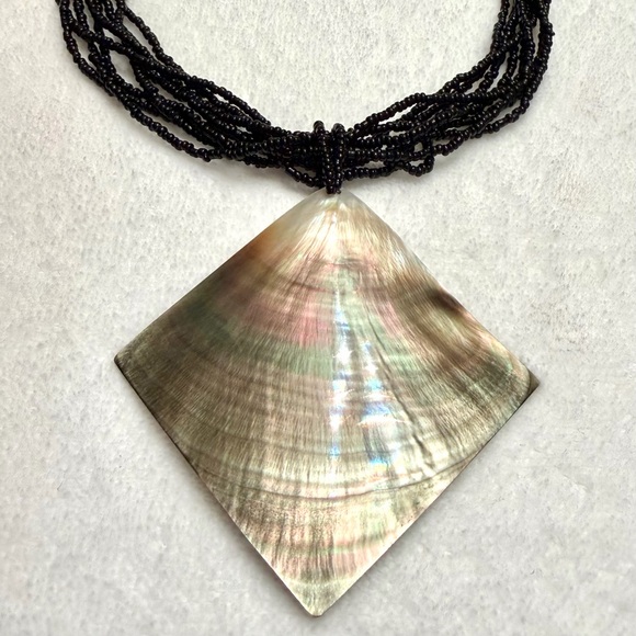 Mother-of-Pearl Square Pendant Multi-Strand Hand Crafted 18” Statement Necklace - Picture 2 of 5